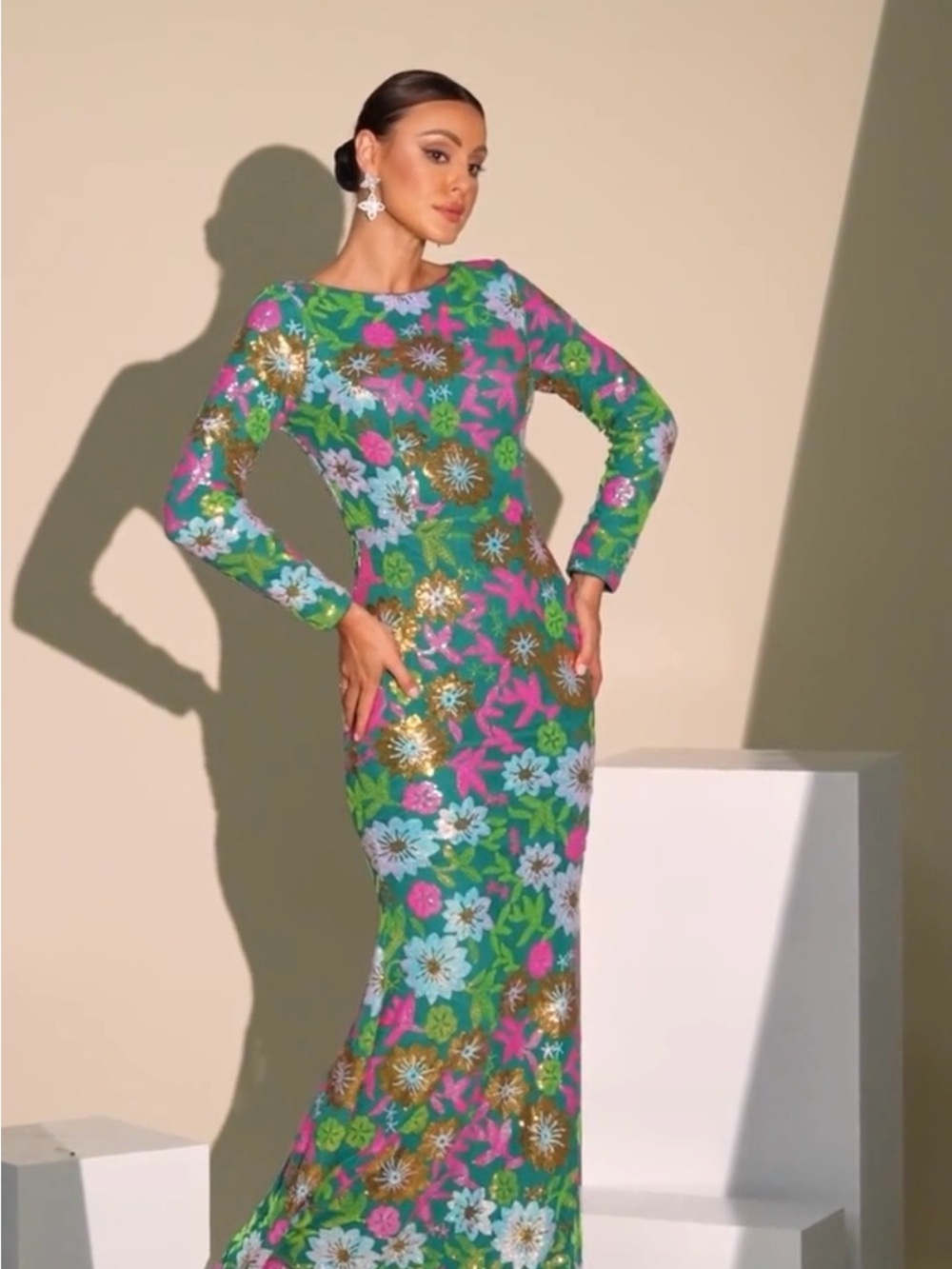 Floral Embellished Long Sleeve Maxi Dress - Green Floral
